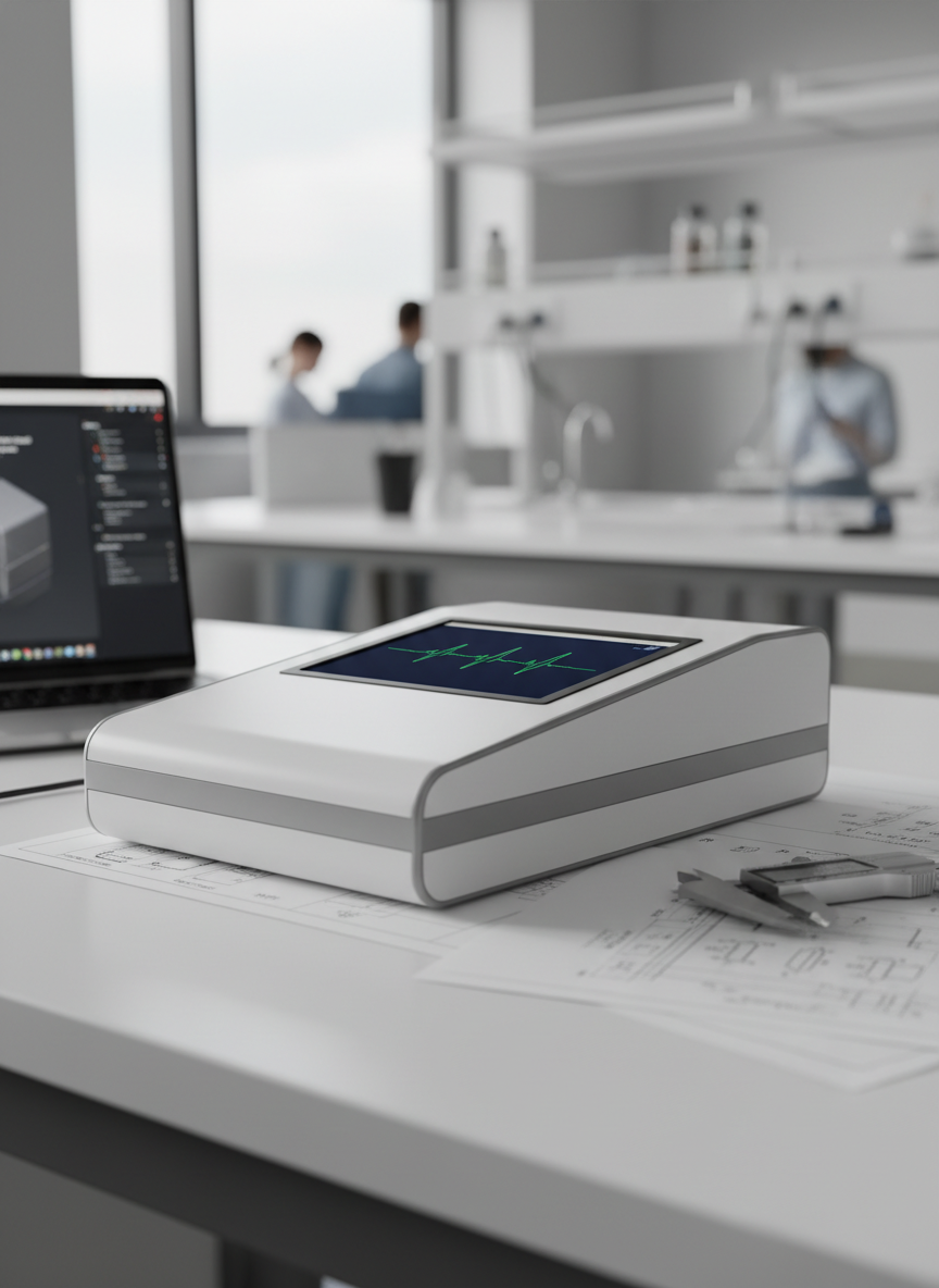 A close-up, photographic realism image of a sleek medical device prototype on a spotless white laboratory bench. The device housing is matte white with subtle gray accents, precision-milled edges, and a small, high-resolution color screen displaying a clean ECG-style waveform. Around it lie neatly arranged engineering drawings, a digital caliper, and a laptop partially visible with CAD software on screen. Soft, diffused daylight from a large unseen window casts gentle, clinical shadows and crisp reflections on the polished surface. Shot at an eye-level, three-quarter angle with shallow depth of field, the device is in sharp focus while the background blurs into an abstract suggestion of a modern R&D lab. The mood is highly professional, innovative, and trustworthy, evoking rigorous medical technology development.