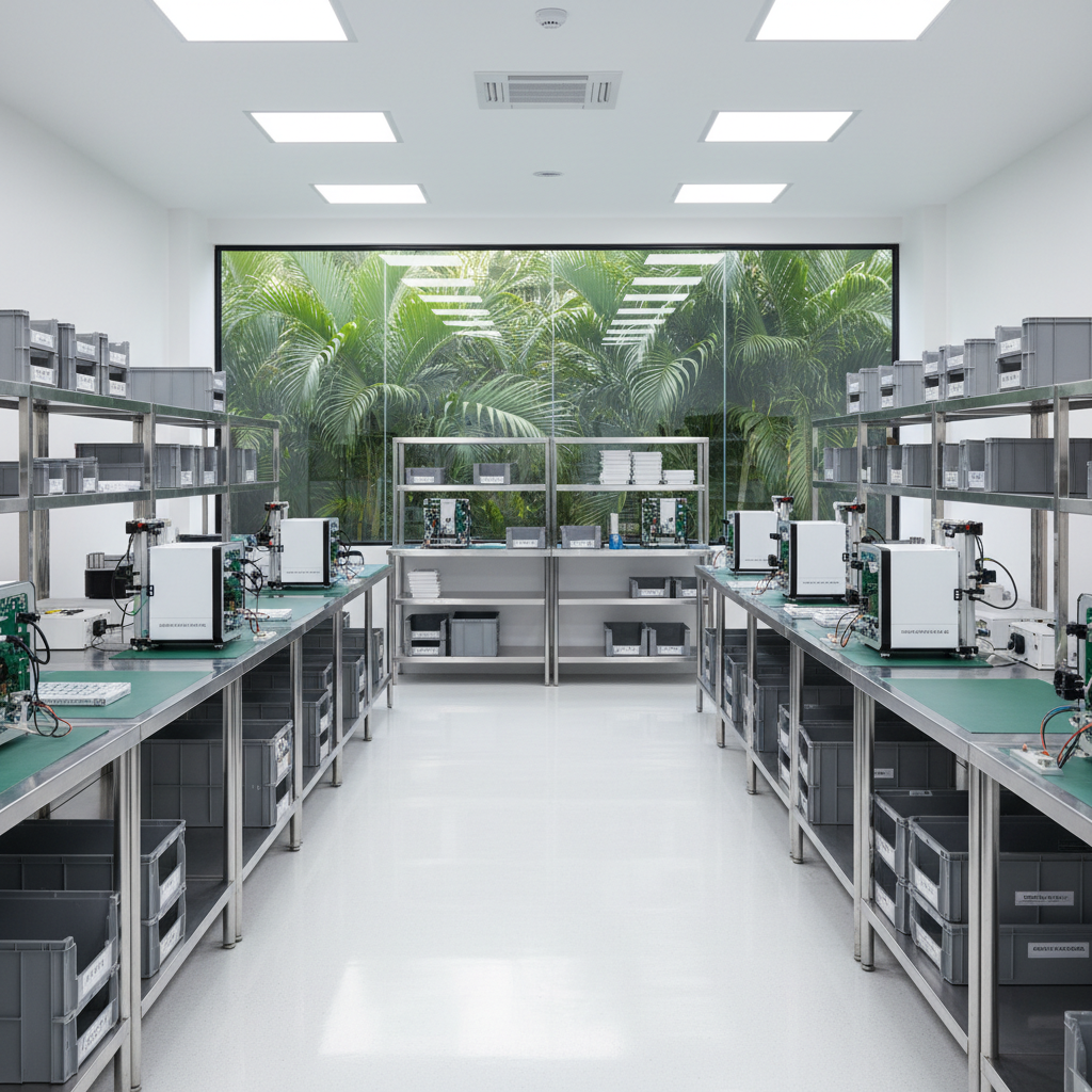 A wide, eye-level photographic realism view of a modern cleanroom-style medical device assembly area, completely empty of people. Stainless steel worktables, neatly organized shelves of labeled components, and a row of compact diagnostic devices in various assembly stages line the space. Bright, even overhead LED lighting reflects subtly off glossy white floors and smooth equipment casings, creating a sense of clinical precision. A large glass window at the back reveals lush, out-of-focus green tropical foliage, hinting at a Costa Rican setting. The composition uses leading lines from the tables to draw the eye toward the window, with sharp focus throughout. The atmosphere is orderly, compliant, and forward-looking, emphasizing a professional medtech manufacturing environment that blends high-tech rigor with a tropical location.