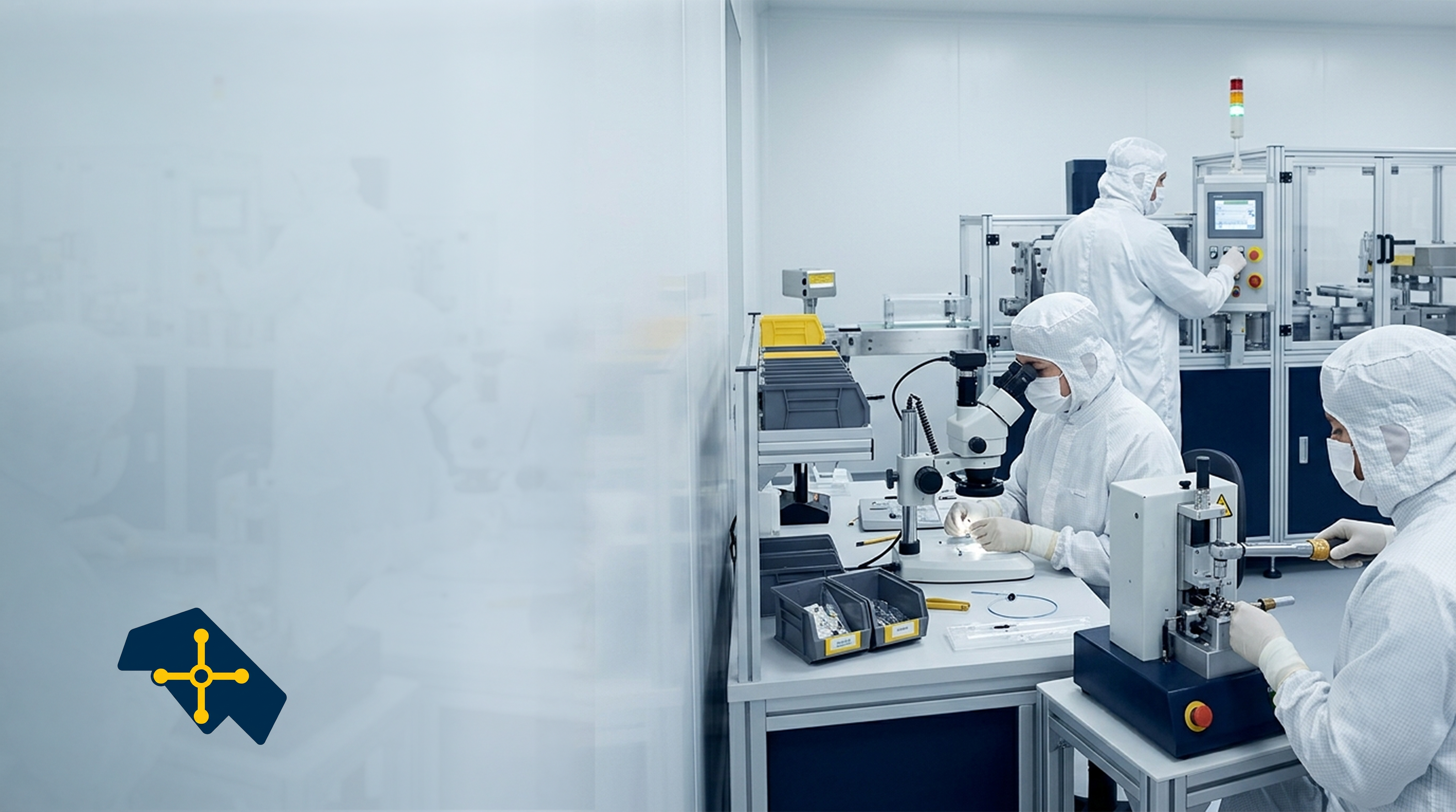 Gowned technicians assembling and inspecting medical devices in a clean, modern Costa Rica manufacturing lab.