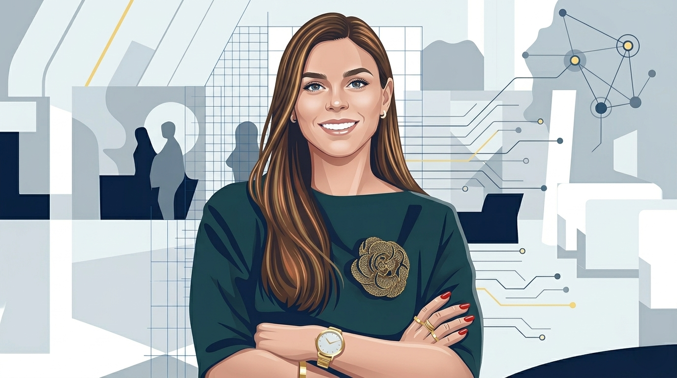 Editorial portrait-style illustration of Laura Lopez with abstract blueprint motifs representing trade, data, and the medtech ecosystem.