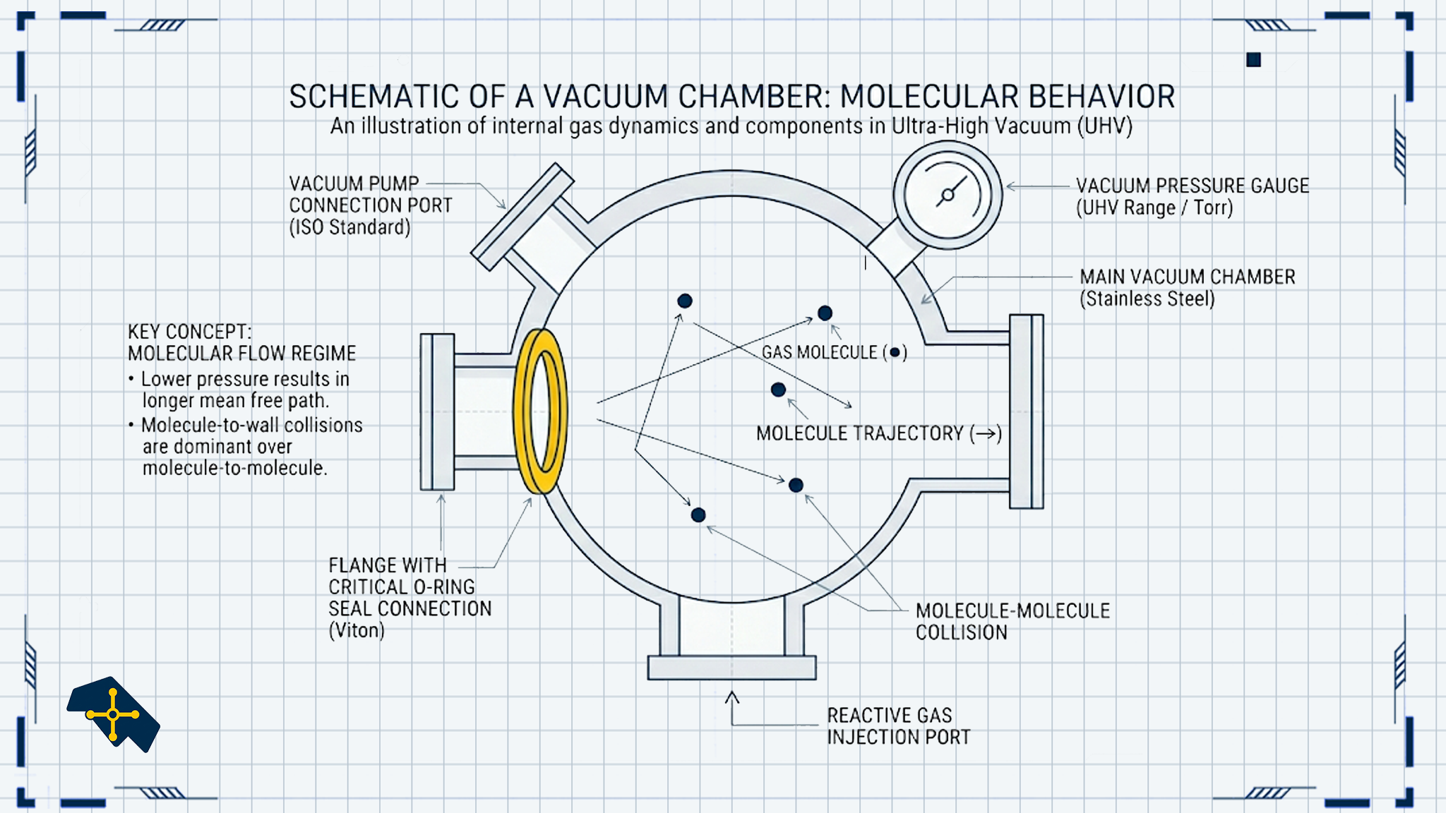 Minimalist schematic hero image showing a vacuum chamber, pump inlet, and sparse molecules to suggest long mean free path (molecular flow).